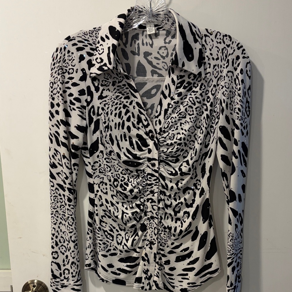 Cache Women's Ruched Animal Print Long-Sleeve Top - Black & White